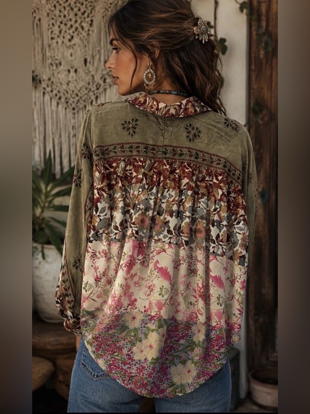 H160 NWT Young Thread M pp29 Floral Patchwork Button-Front Top Pink Olive Dolmen - Picture 2 of 12
